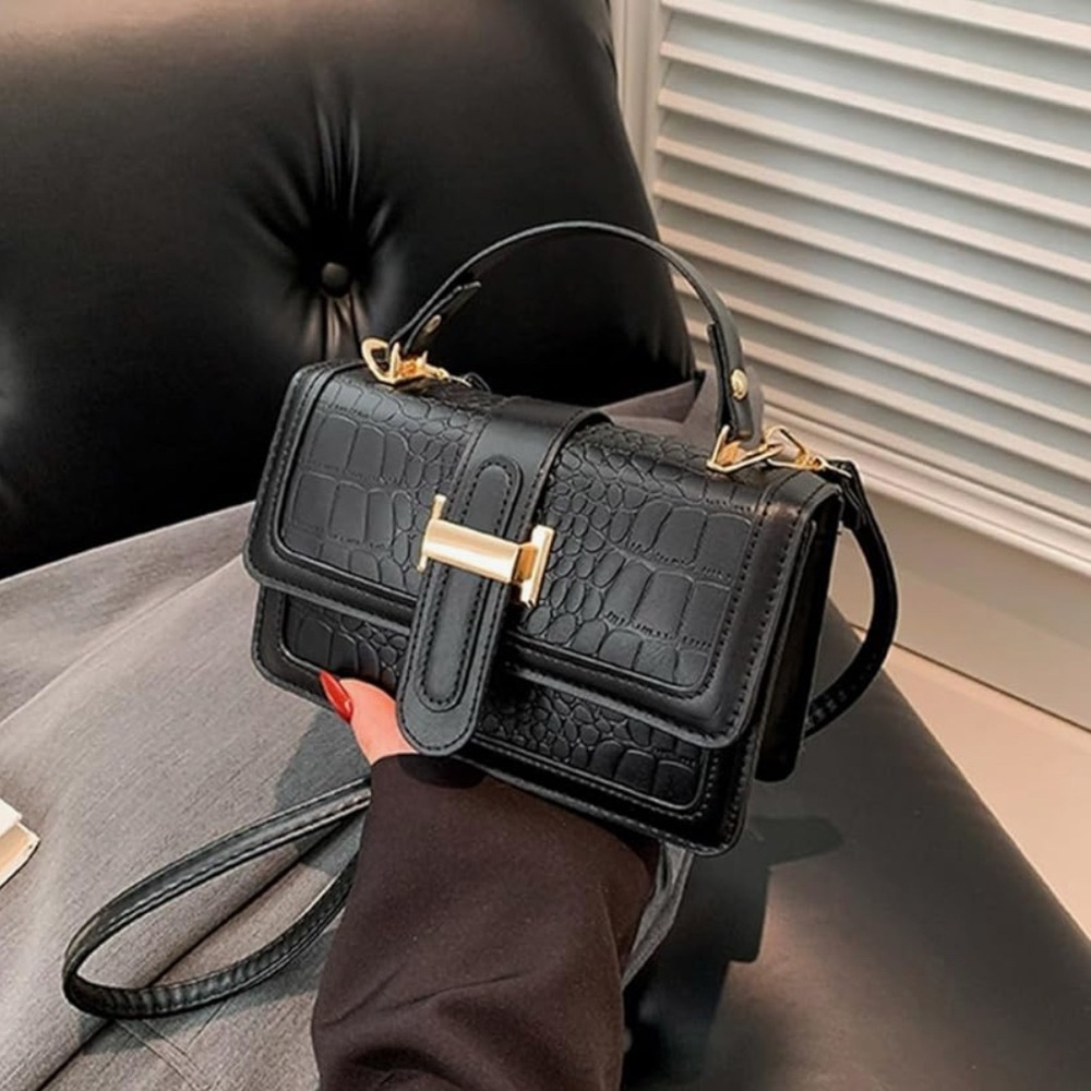 Elegant Black Crocodile Pattern Handbag